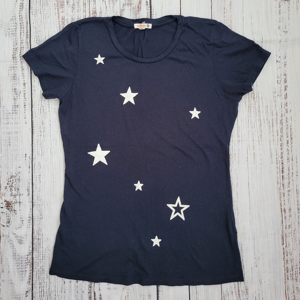 Sundry Anthropologie Sz 2 White Stars On Navy Blue T Tee Shirt Top